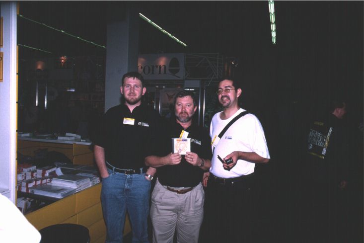 14: Jonathan Potter and Greg Perry posing together with Amiga Format's Ben Vost