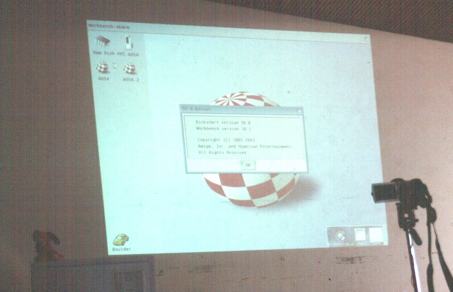 3: Testing Peter's OS4PPC demo system on the projector. Yes, both Workbench and Kickstart are V50.