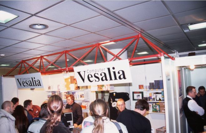 6: Upstairs, in the smaller show room, Vesalia's booth. A fancy aluminum cased Pegasos prototype is on the counter.