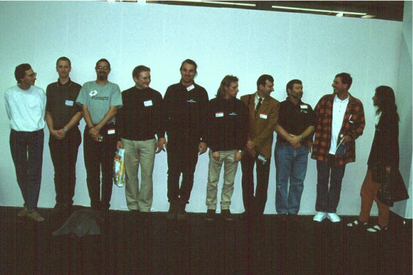 22: A small part of the people involved in developing, testing, and translating OS 3.5 lining up for a mugshot: Michael Christoph, Ole Friis, Ben Vost, Allan Odgaard, Jochen Becher, André Dörffler, Thierry Sillis, Dr. Greg Perry, Mario Cattaneo, and Martin Steigerwald.